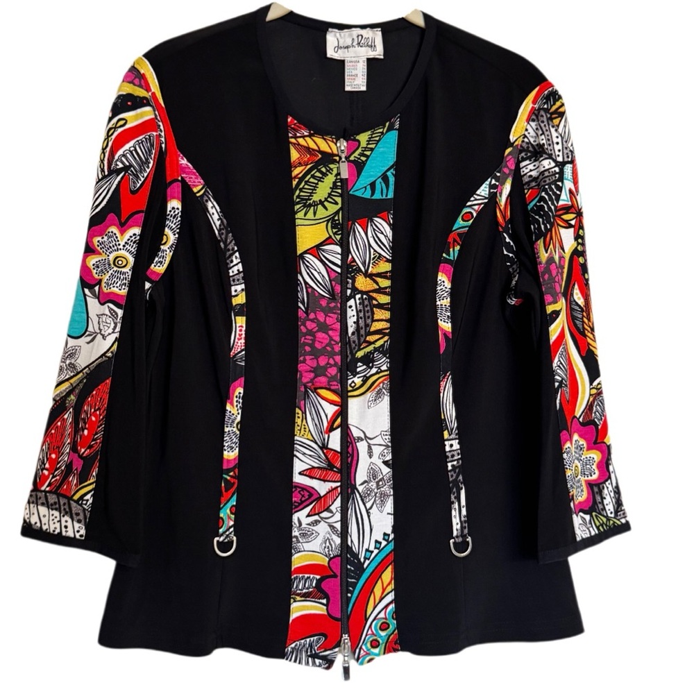 Joseph Ribkoff Vtg Jacket Top Vibrant Color Floral Print Hibiscus Women Size 12